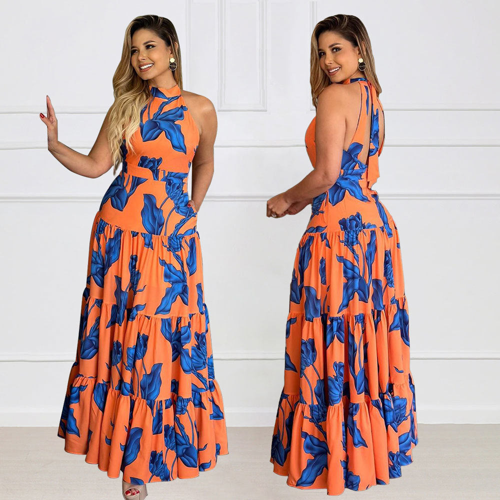Printed Elegant Halter Large Swing Dress Dress