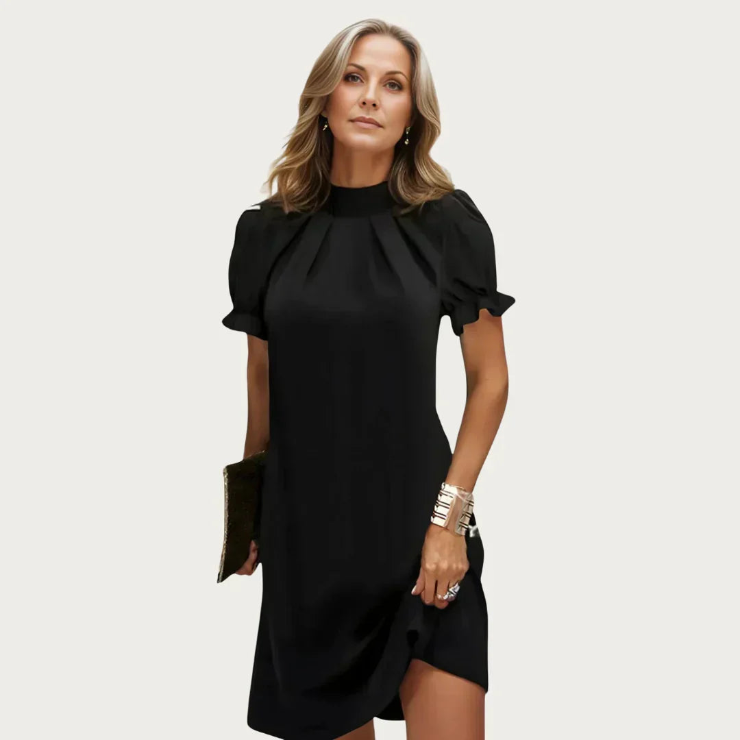 Pleated Mock Neck Puff Sleeve Ruffle Cuff Shift Mini Dress