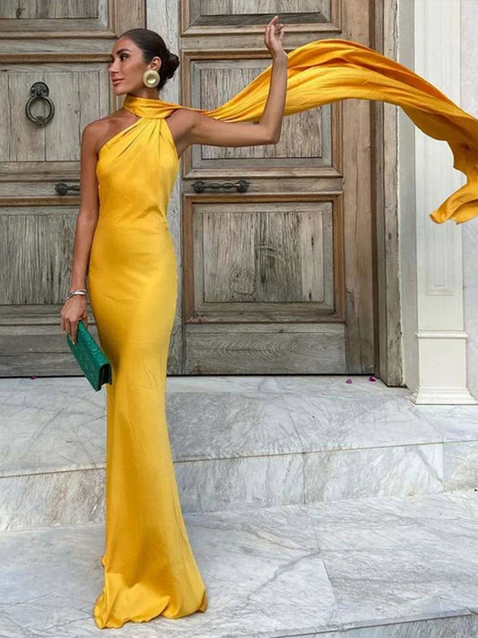 | Satin Drape One Shoulder Mermaid Gown