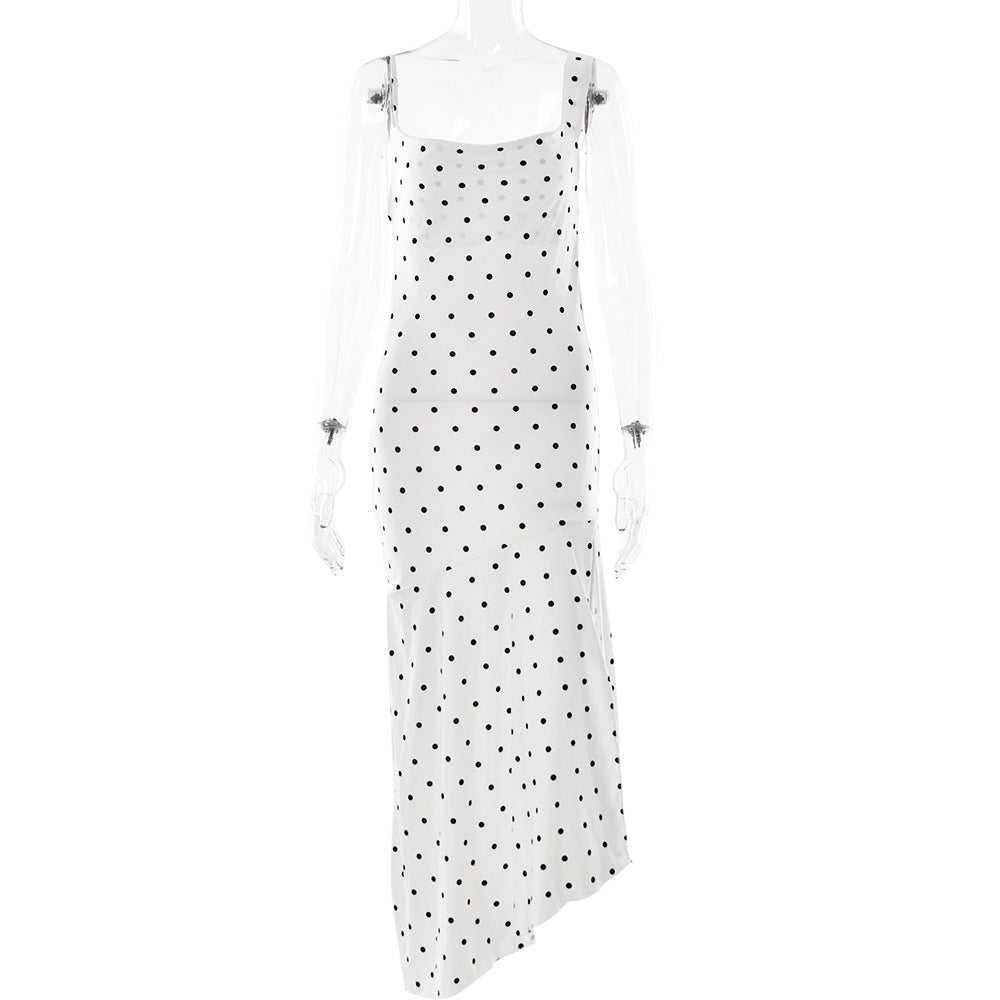 One Shoulder Polka Dot Satin High Slit Maxi Dress