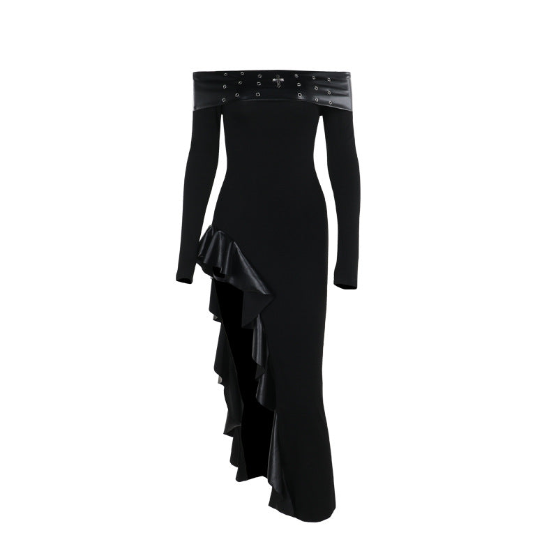 Punk off the Shoulder Dark Slim Fit Slit Dress