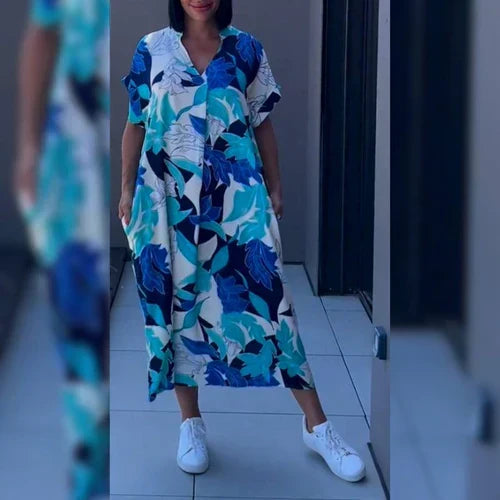 V Neck Short Sleeve Oversized Damask Print Border Hem Maxi Dress