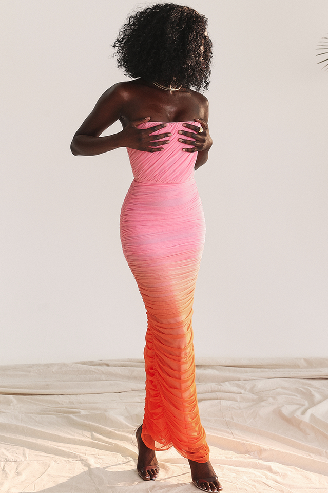 Strapless Ruched Mesh Ombre Gradient Pleated Bodice Maxi Dress