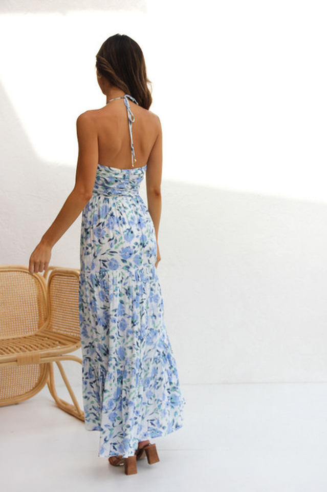 Halter V-Neck Ruched Empire Waist Tiered Floral Print Maxi Dress