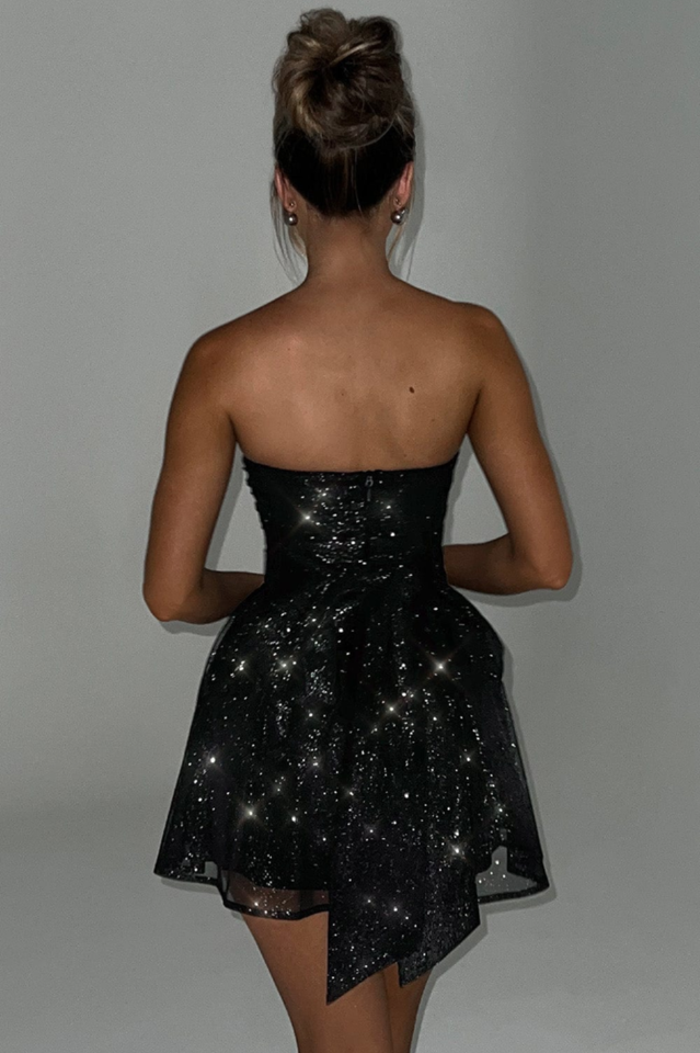 Strapless Ruched Bodice Oversized Bow Back Pleated Glitter Mini Dress