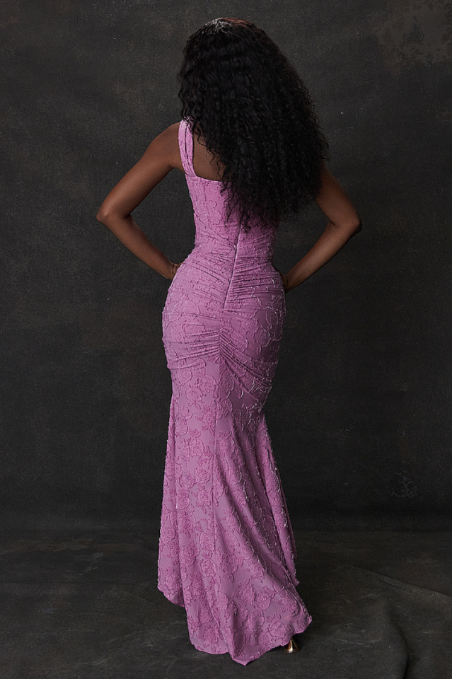 Jacquard Floral Corset Bodice Asymmetric Strap Ruched Mermaid Hem Maxi Dress