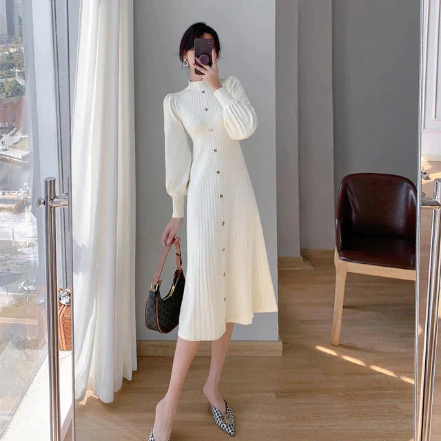 Ribbed Knit Mock Neck Puff Sleeve Button Front A-Line Midi Dress
