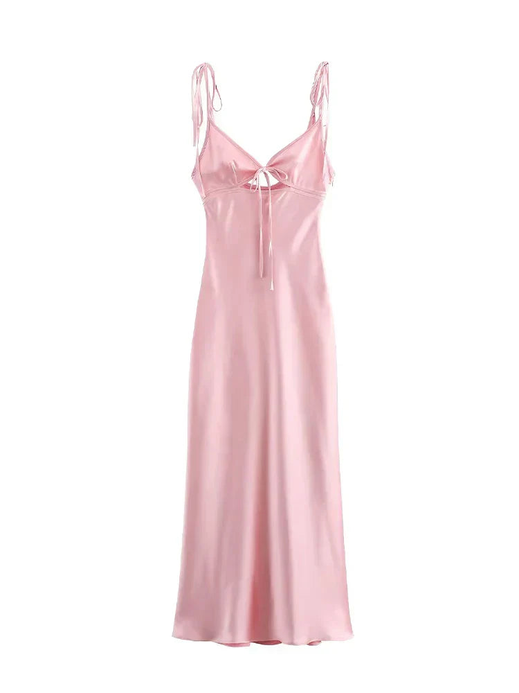 | Satin Tie Strap Cut-Out Midi Dress
