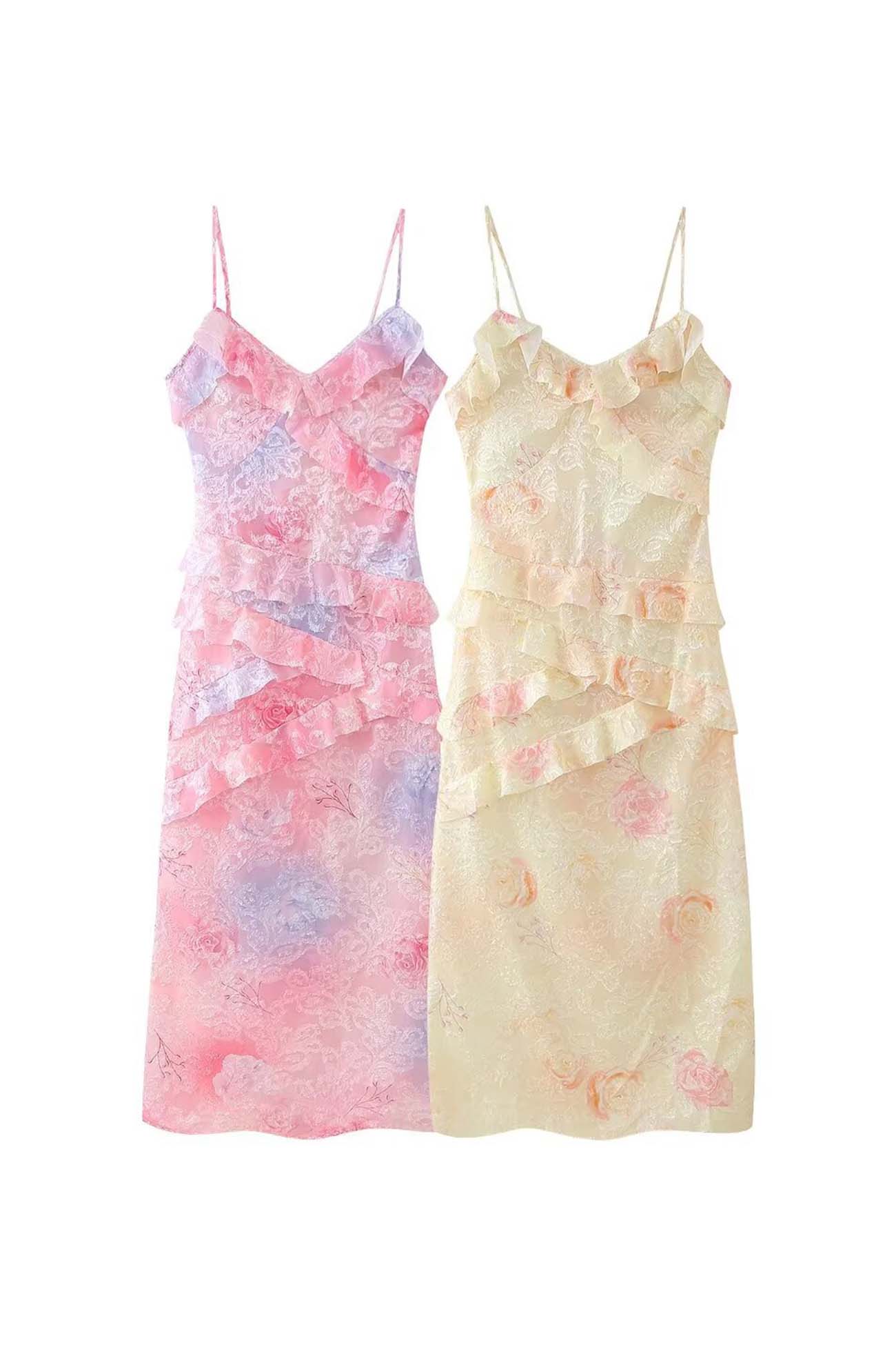 Ruffled Tier Plunge V-Neck Spaghetti Strap Maxi Dress