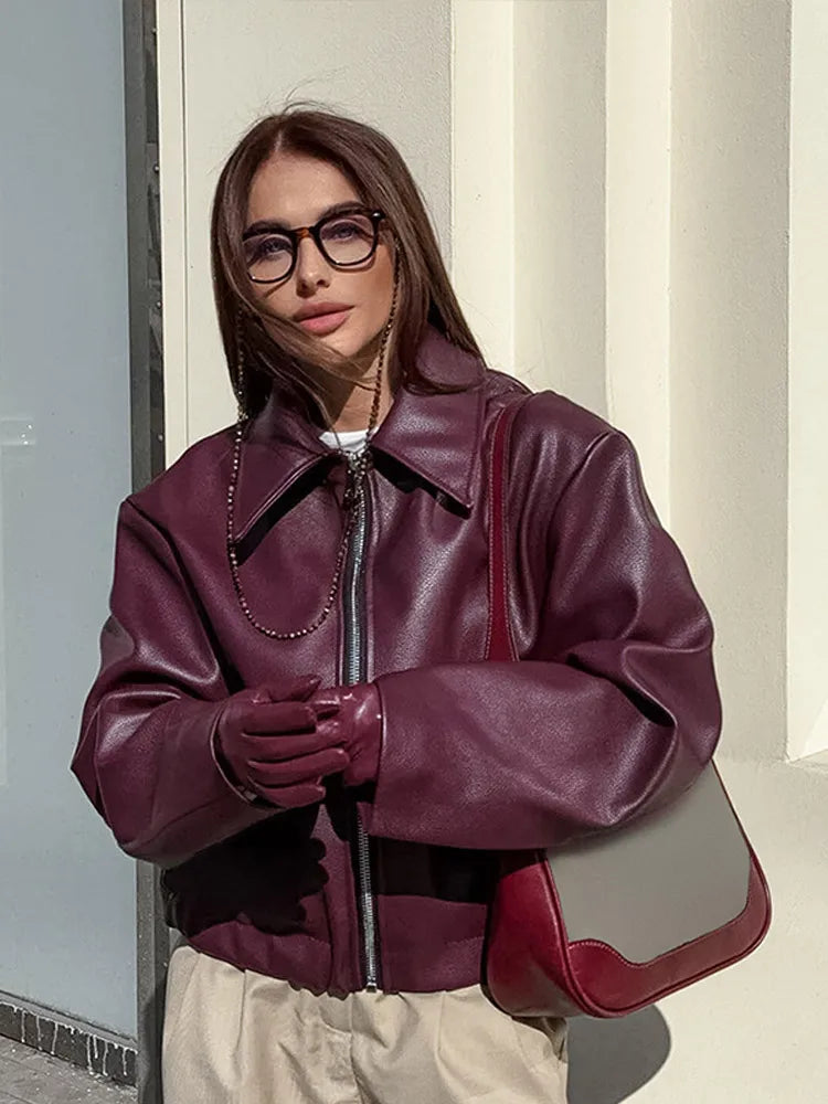 Wine PU Vintage Pocket Coat