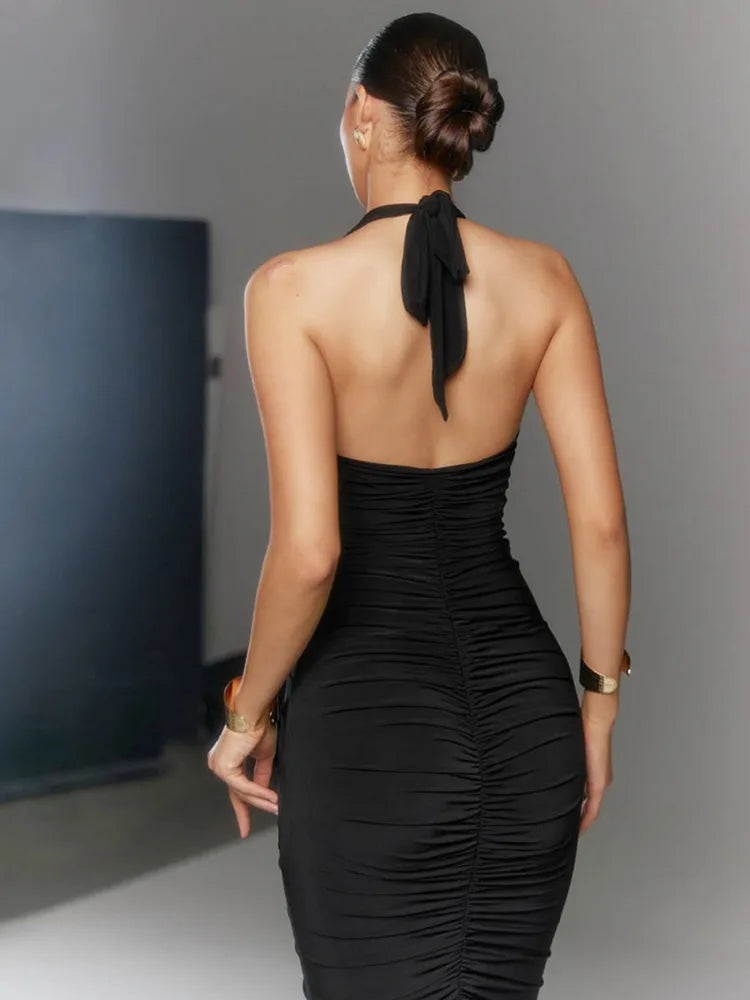 Deep V-Neck Black Ruched Maxi Dress