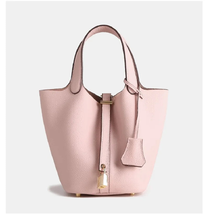 | Textured Leather Bucket Bag with Gold Lock