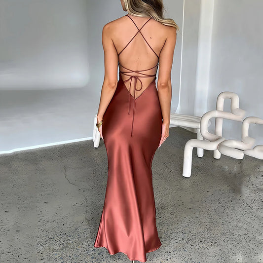 Satin Mermaid Lace-Up Maxi Dress