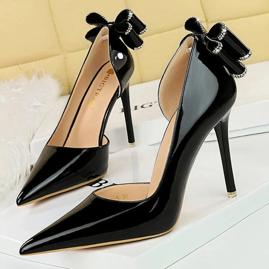 Patent Leather High Heels with Rear Rhinestone Bowknot for Women