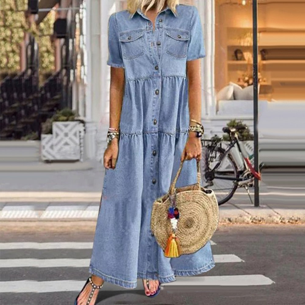 Short Sleeve Button Front Chest Pocket Tiered Denim Maxi Shirt Dress