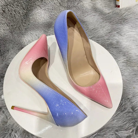 Blue Pink Crocodile Effect Pointy Toe High Heel Shoes for Women