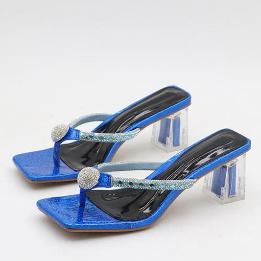 Glitter Rhinestones Transparent Low Heels Slippers Crystal Strap Sandals for Women