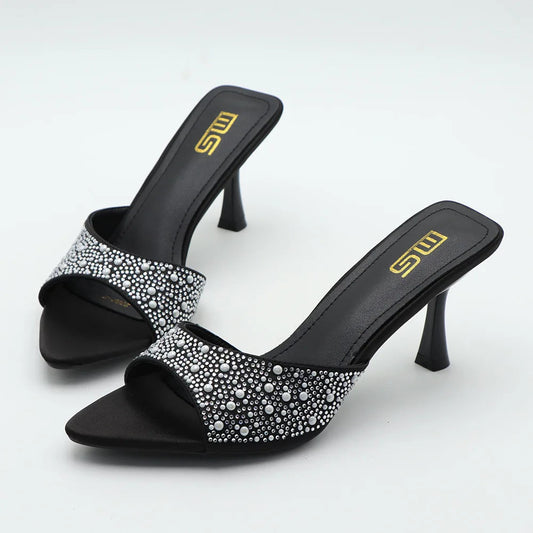 High heeled fishmouth slippers with rhinestones for summer