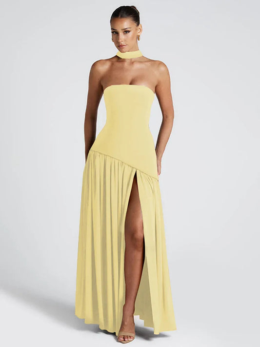 Backless Slit Ribbon Strapless Maxi Dress