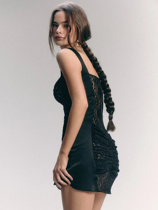 Sheer Lace Backless Ruched Mini Dress