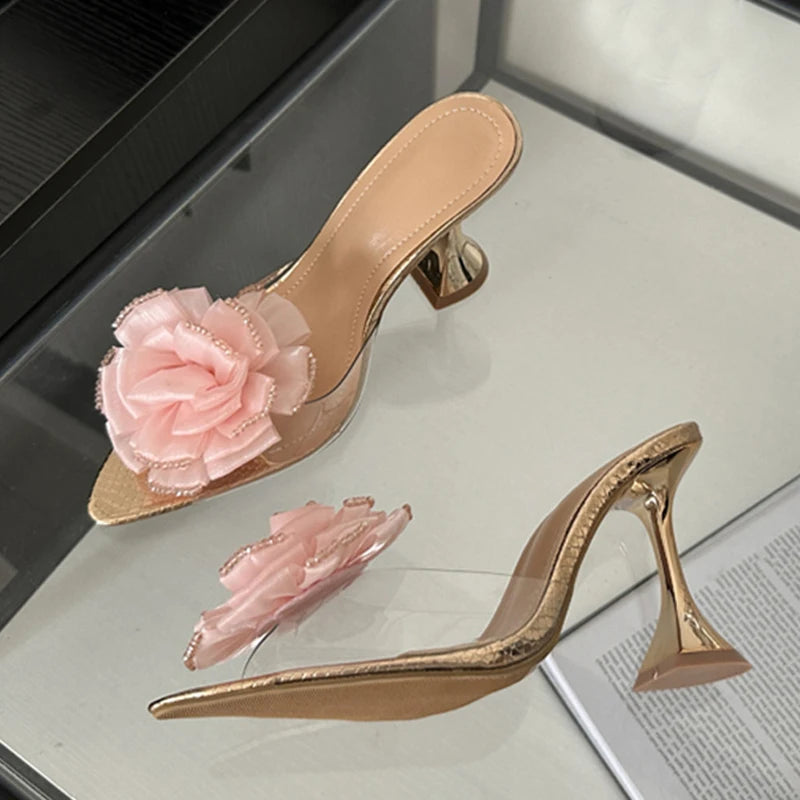 Transparent PVC Women's Fashion Flowers Pointed Toe High Heel Slippers