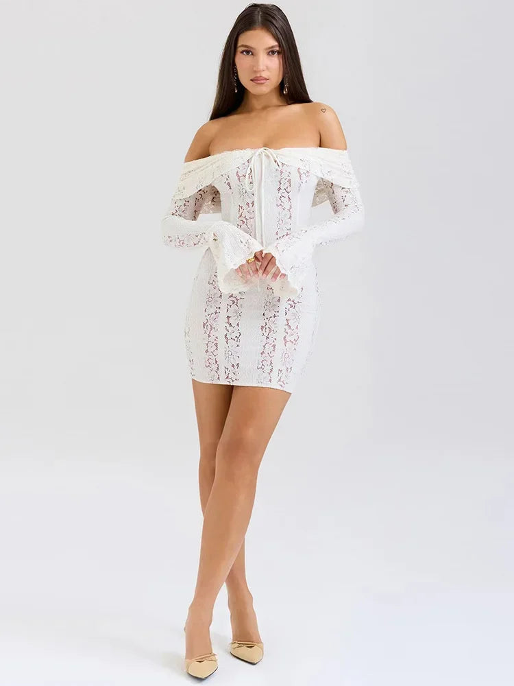 Lace Flare Sleeve One Shoulder Dress
