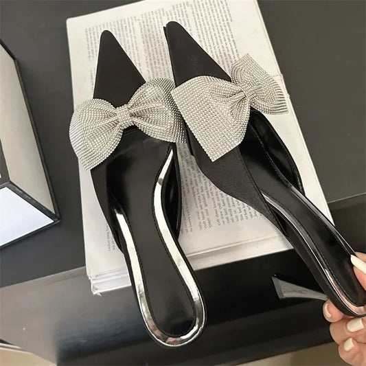 Crystal Butterfly-knot Women Slipper Pointed Toe Mules Shoes Elegant Thin Low Heel Sandals