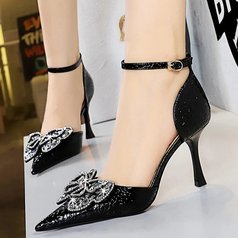 Kitten Heels Sandals Women Shoes with Rhinestone Bowknot for Summer Banquets