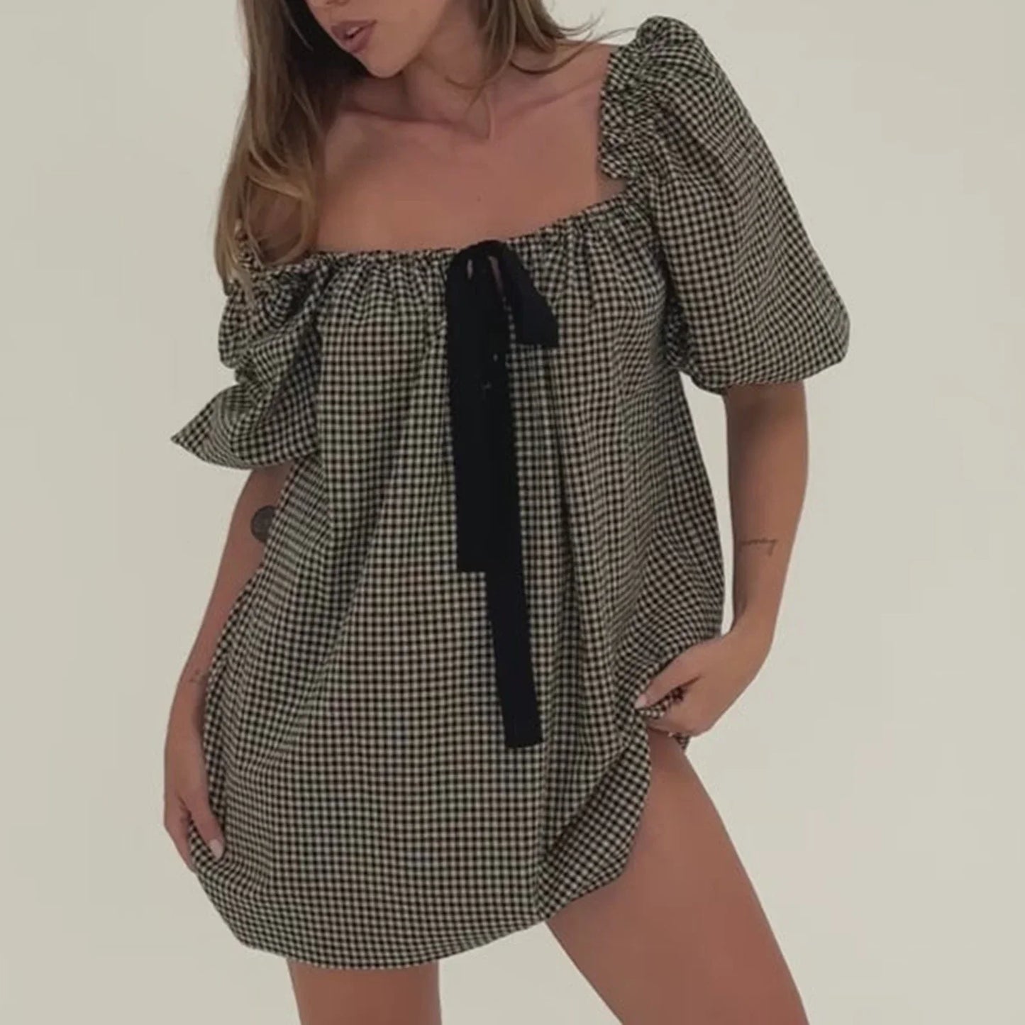 Puff Sleeve Plaid Bow Vacation Dress