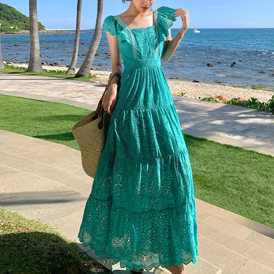 Floral Embroidery Lace Butterfly Sleeve Boho Dress