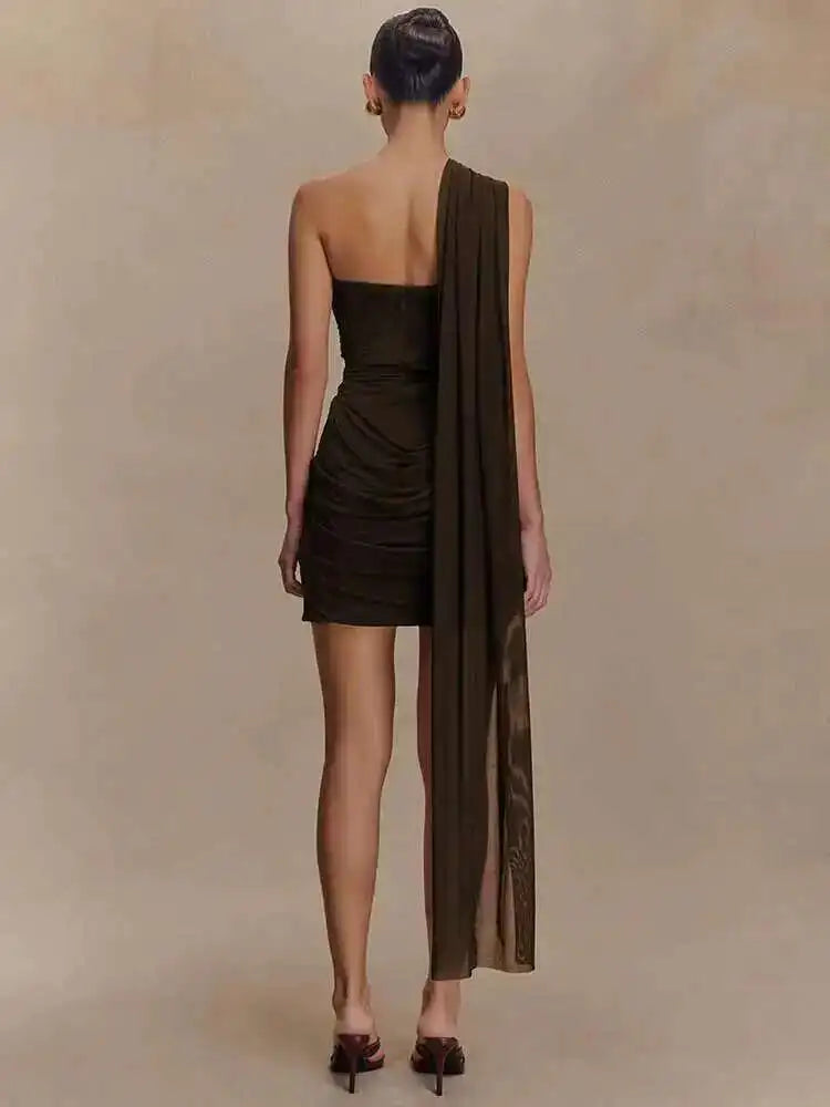 Draped Oblique Shoulder Mini Dress