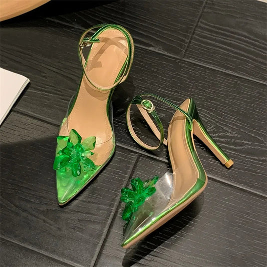 Green Crystal Flower Women Pumps with Sexy Pointed Toe High Heels