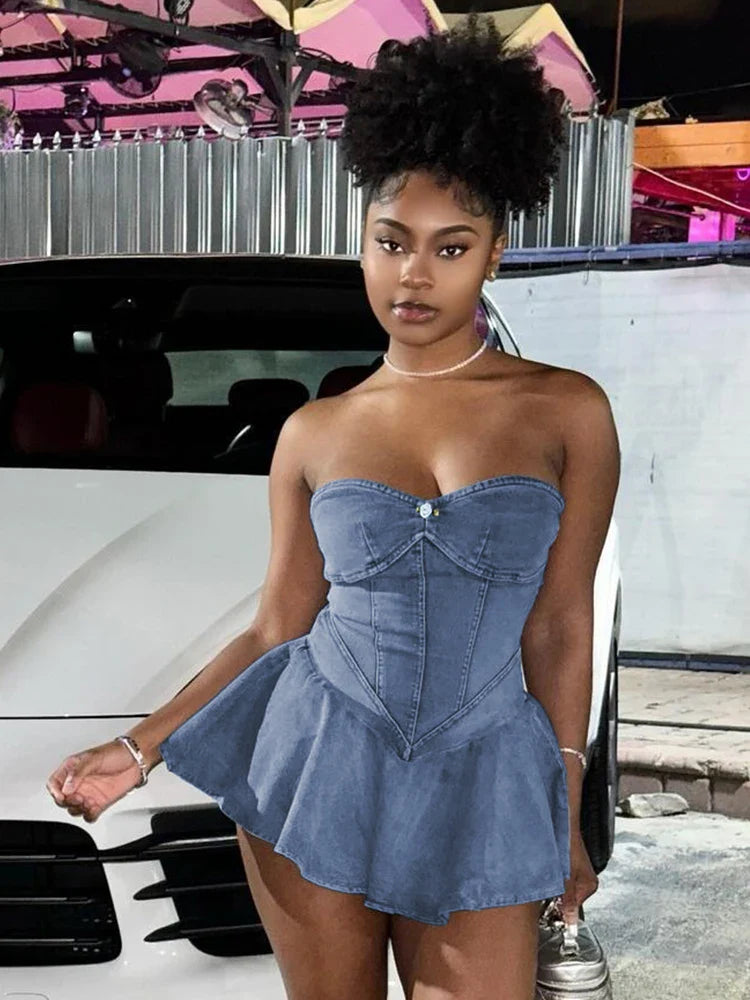 Denim Strapless A Line Mini Dress