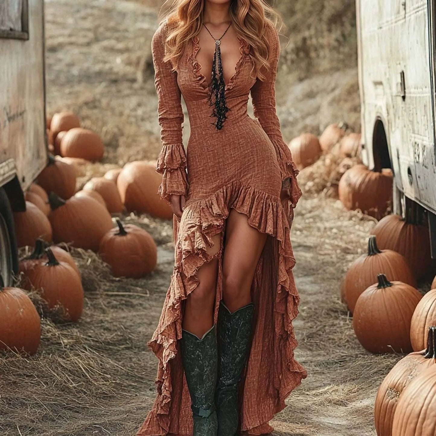 Solid Ruffle Irregular Slim V Neck Boho Dress