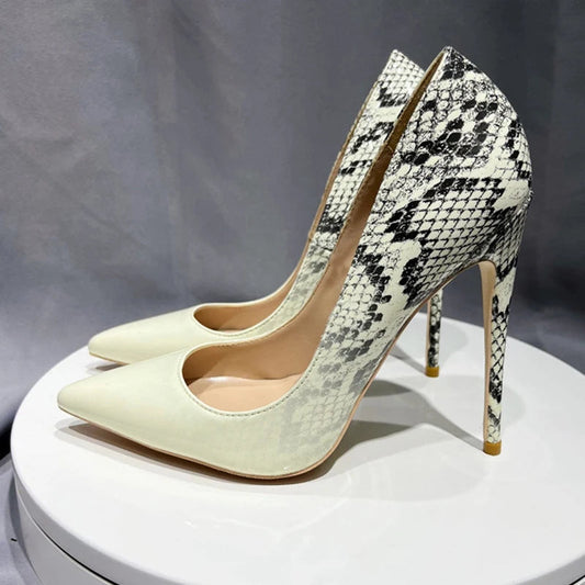 White Snakeskin Pointy Toe High Heel Stiletto Pumps for Women