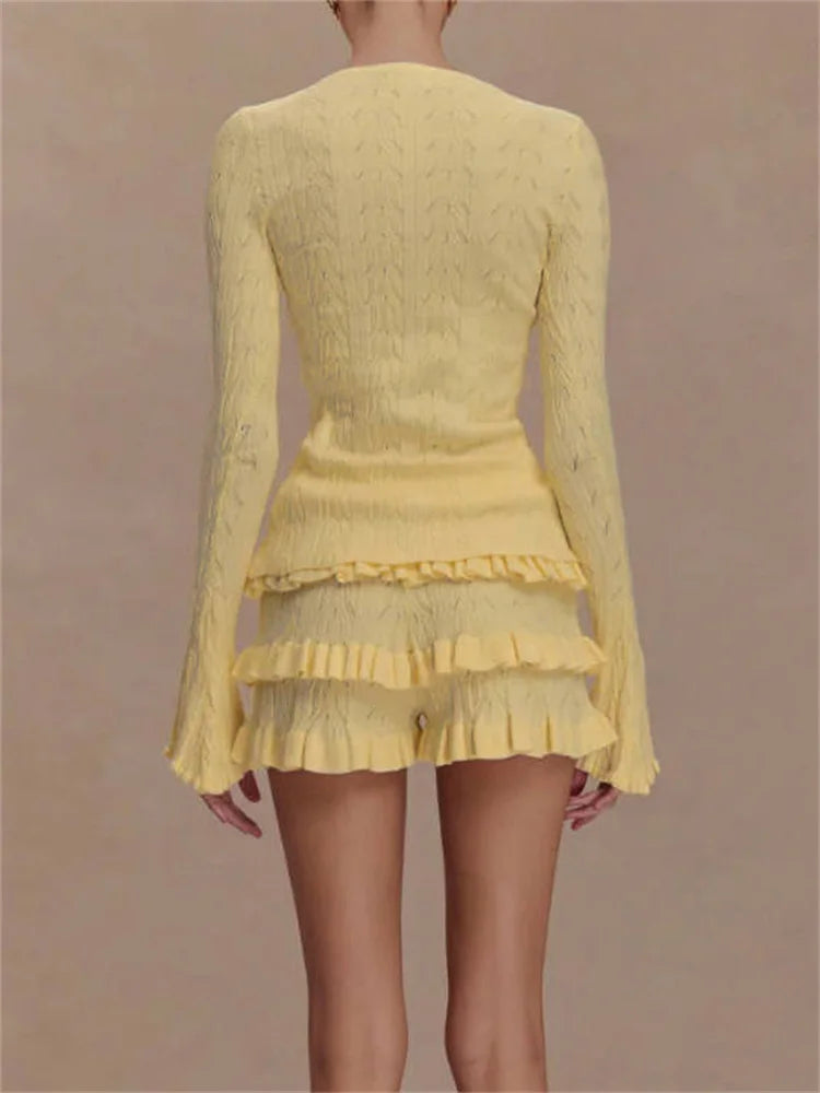 Ruffled Knit Sweater Shorts Two Piece Set