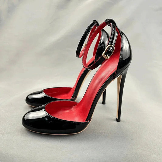 Red Black Women Ankle Buckle Round Toe High Heel Shoes for Summer