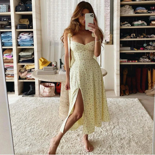 Ditsy Floral Sweetheart Bow Strap Ruched Bodice High Slit Midi Dress