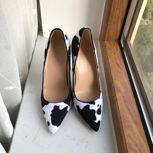 Cow Print Women White Hairy Flock Pointy Toe High Heel Shoes - Cow Print High Heel Shoes