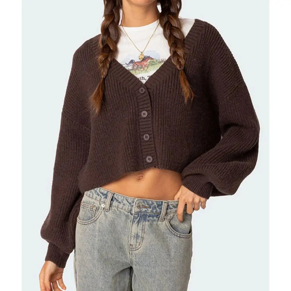 Crop Button V-neck Lantern Sleeve Cardigan