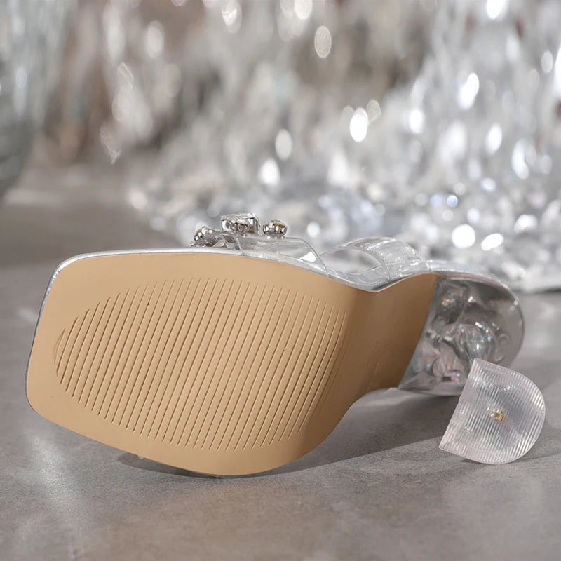Silver Crystal Clear High Heel Transparent Slippers for Women Fashion