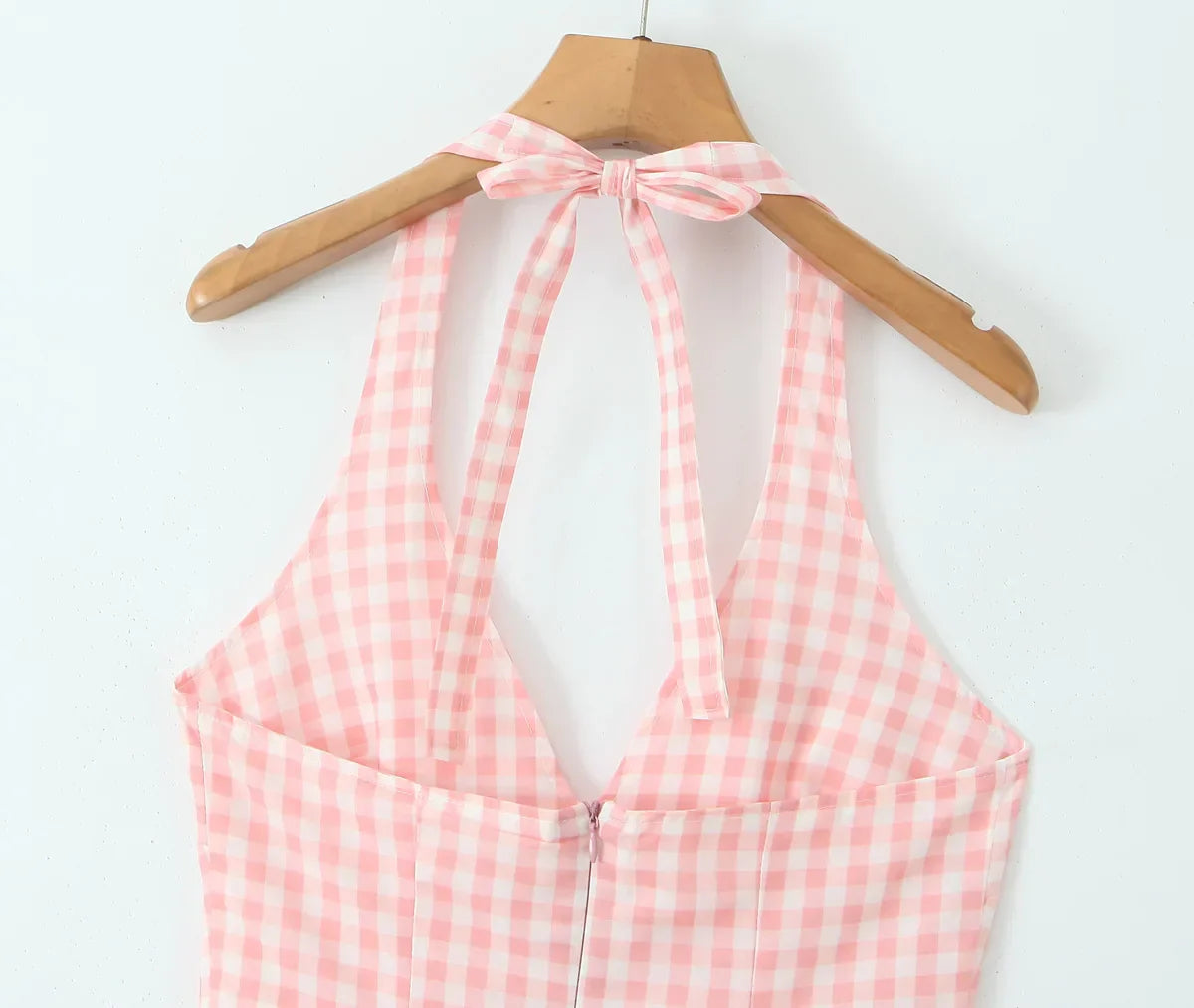 Pink White Plaid Bow Halter V Collar Midi Dress