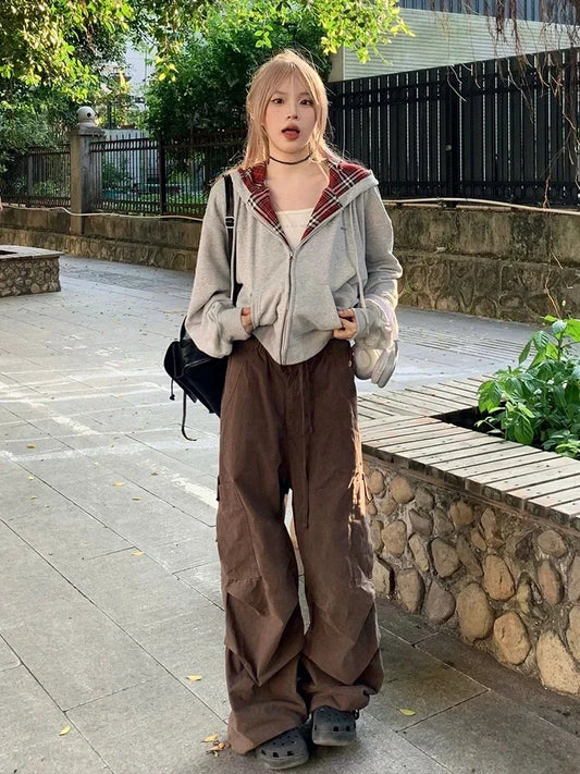 TAVIMART - Vintage Plaid Patchwork Hoodies Women Gray 90s Retro Sweatshirt with Zipper Oversized Streetwear Autumn Winter Clothes