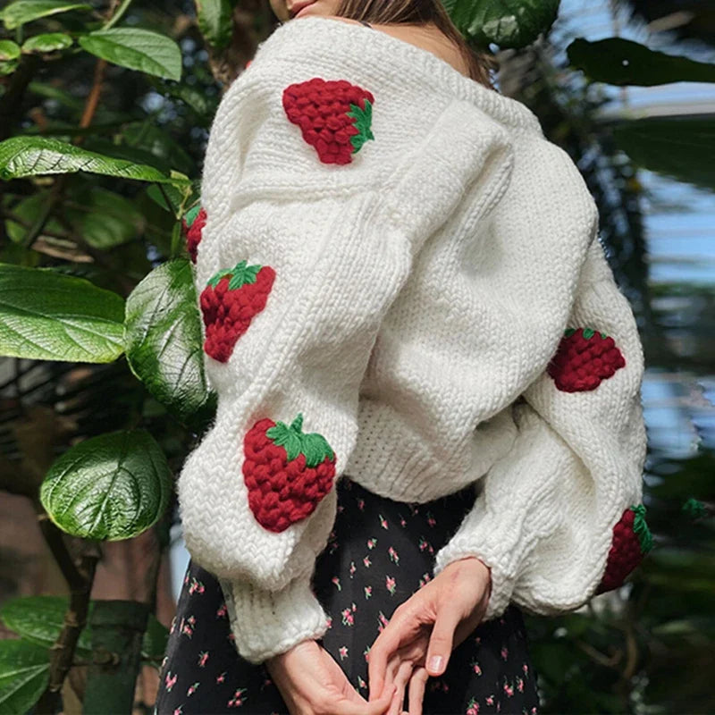 Strawberry Embroidered V-neck Lantern Cardigan