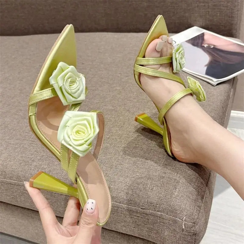 Candy Color Flower Pointed Toe Thin Heel Slippers for Women