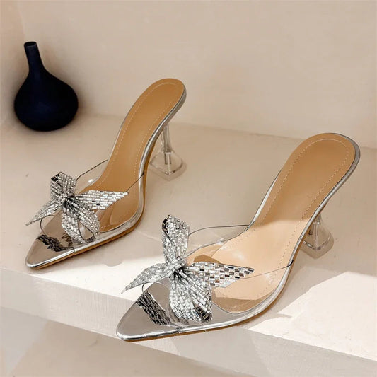 Glitter Crystal Peep Toe Women Slippers with Transparent High Heels