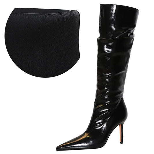 Sexy Knee-High Pointed Patent Leather High Heel Boots for Women