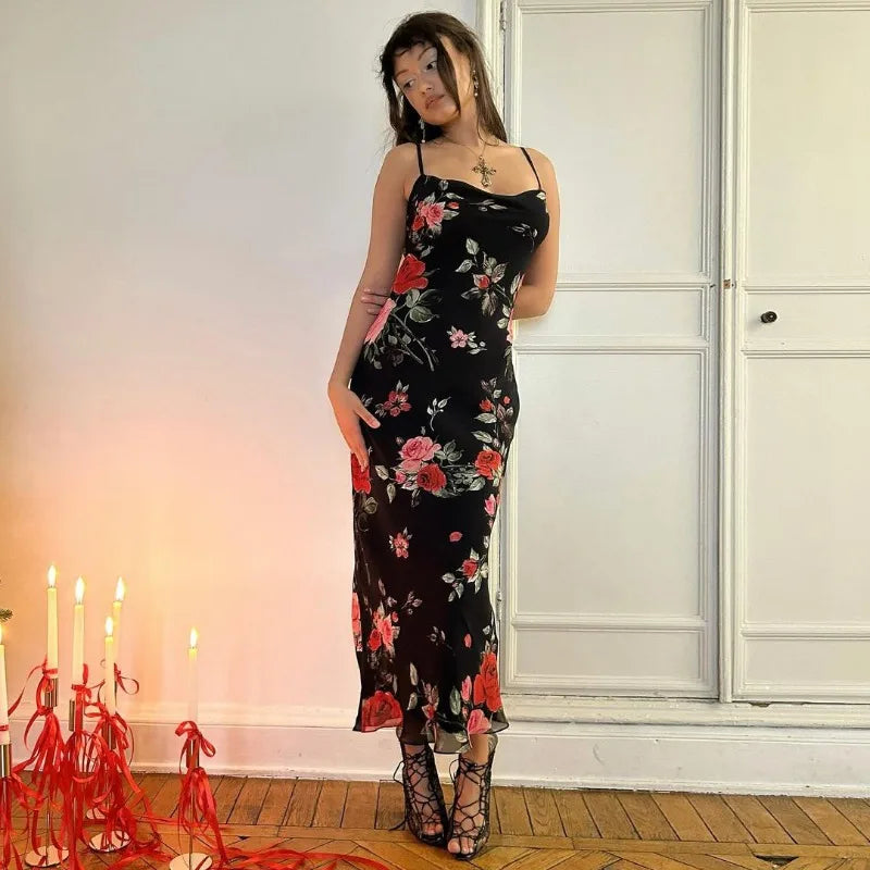 Retro Floral Backless Slim Maxi Dress