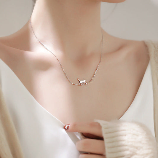 Maison Cat Curve Pendant Necklace | Sterling Silver Finish