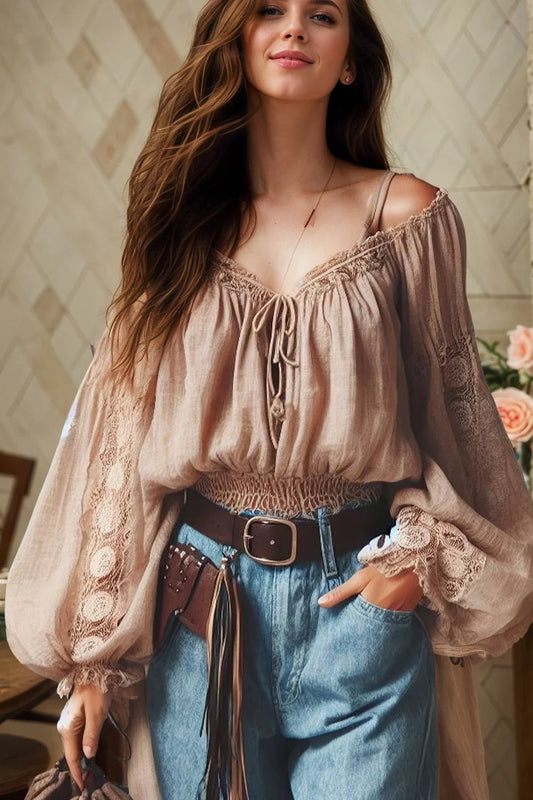 Boho Off Shoulder Lace-up Blouse